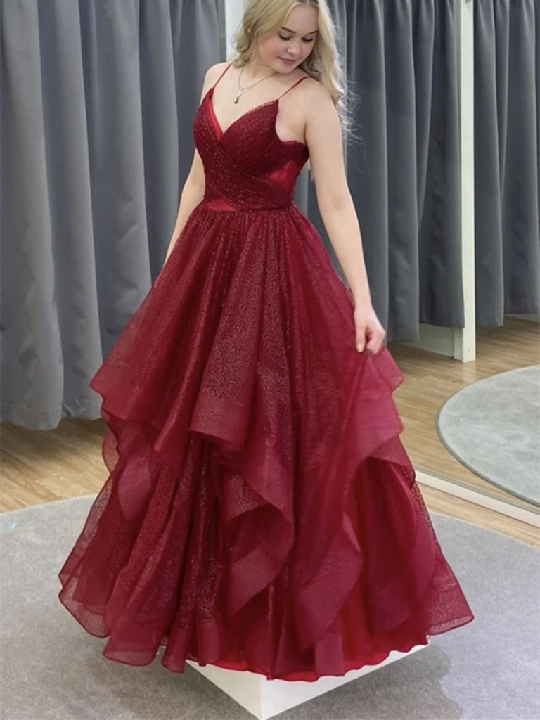 burgundy tulle maxi dress Burgundy Tulle A-line Cross Back Prom Dresses With Thigh Slit, Formal Dress, MP649