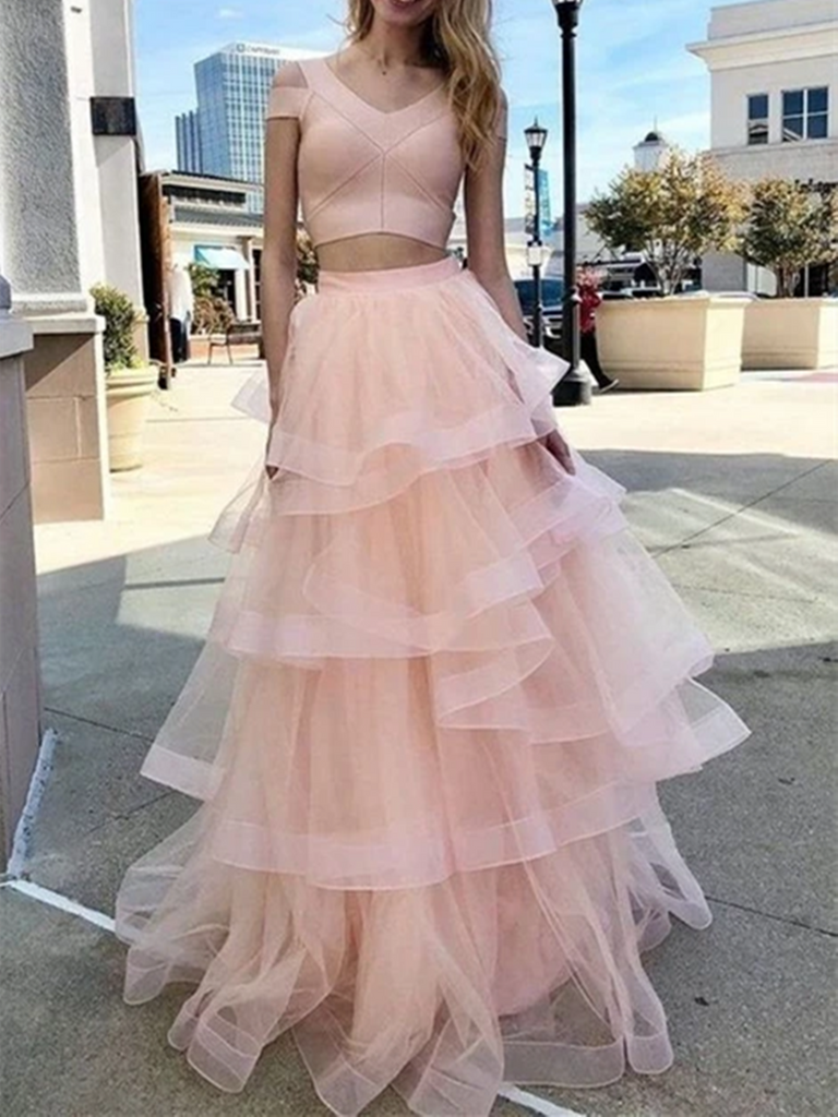 Pink Tulle 2 pieces Long Prom Evening Dresses, Two Pieces Pink Long Formal Evening Graduation Dresses