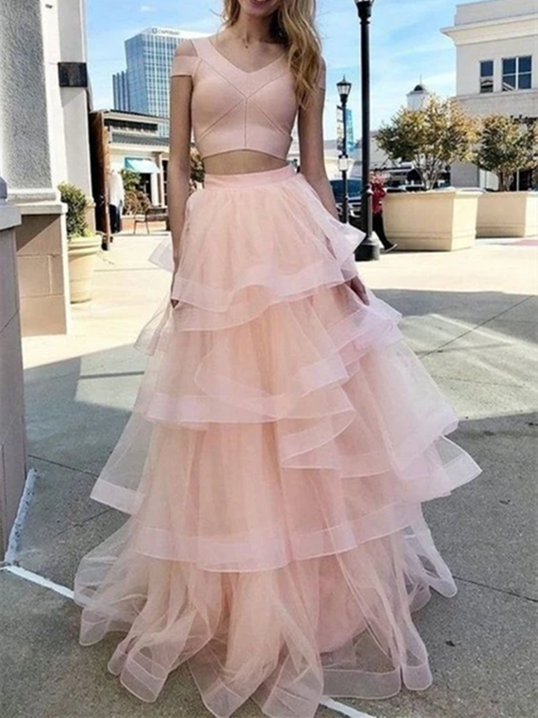 Pink Tulle 2 pieces Long Prom Evening Dresses, Two Pieces Pink Long Fo morievent Pink Tulle 2 pieces Long Prom Evening Dresses, Two Pieces Pink Long Fo morievent