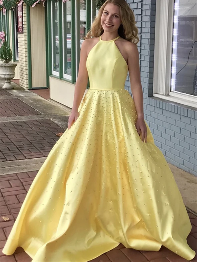 A Line Yellow Satin Long Prom Dresses, A Line Yellow Satin Long  Formal Evening Dresses