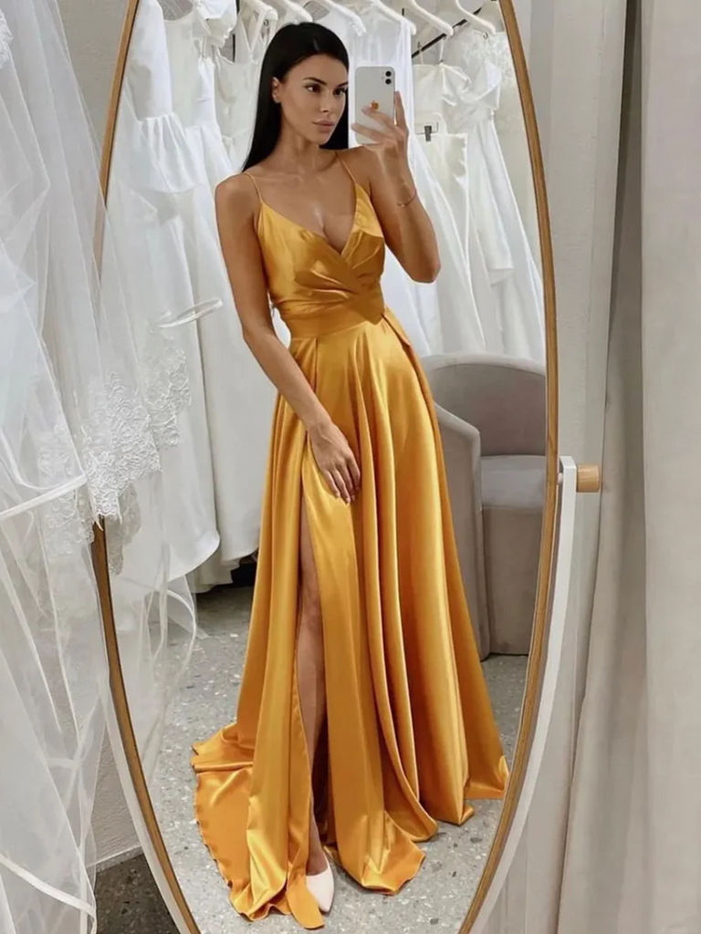 Gold Satin Off Shoulder Long Simple Party Dress, A-line Gold Long Formal  Dress | Evening dresses, Ball gowns, Glam dresses