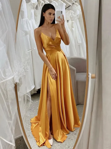 Simple V Neck Yellow Satin Long Prom Dresses, Simple V Neck Yellow Satin Long Formal Evening Dresses