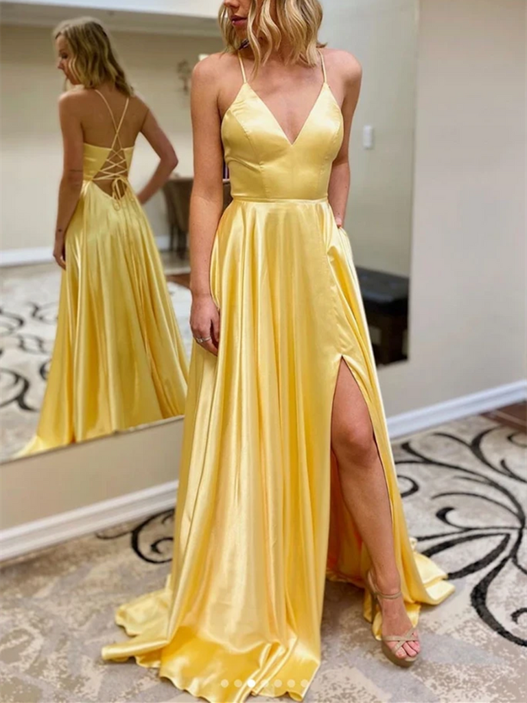 A Line V Neck Long Yellow Satin Prom Dresses with Leg Slit, Long Yellow Satin Formal Evening Dresses