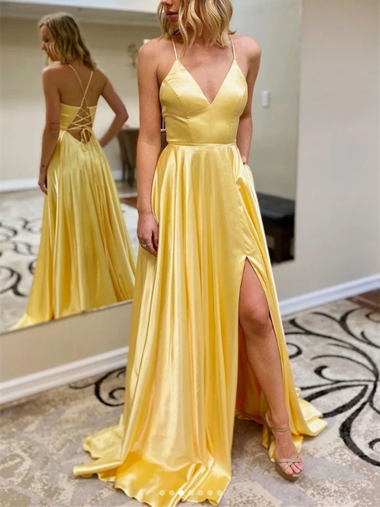 A Line V Neck Long Yellow Satin Prom Dresses with Leg Slit, Long Yello morievent A Line V Neck Long Yellow Satin Prom Dresses with Leg Slit, Long Yello morievent
