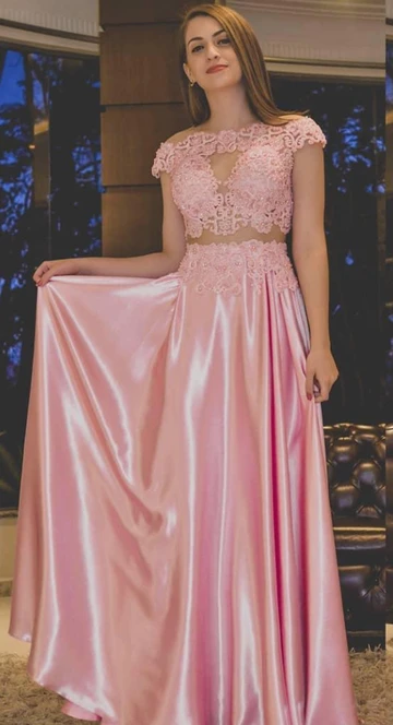A Line 2 Pieces Pink Sexy Open Back Formal Party Prom Gowns, Cap Sleev morievent A Line 2 Pieces Pink Sexy Open Back Formal Party Prom Gowns, Cap Sleev morievent