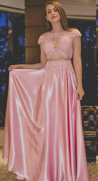 A Line 2 Pieces Pink Sexy Open Back Formal Party  Prom Gowns, Cap Sleeves Lace Two Pieces Lace Pink Evening Dresses