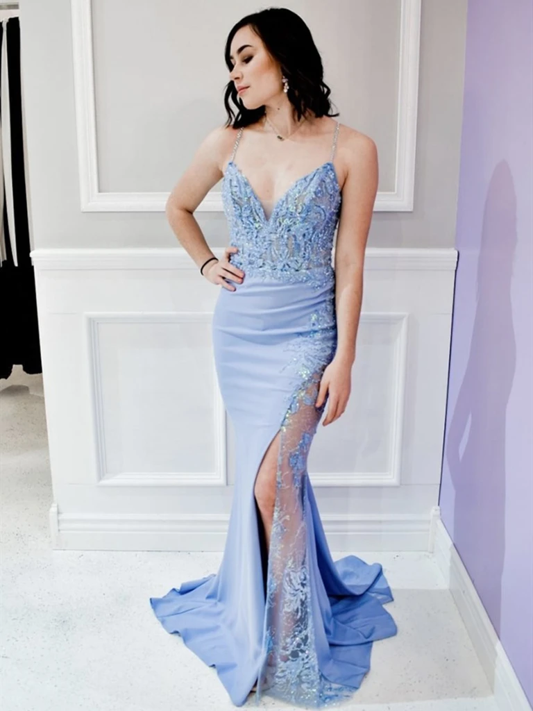 V Neck Blue Mermaid Lace Long Prom Dresses, Sky Blue Mermaid Lace Form morievent V Neck Blue Mermaid Lace Long Prom Dresses, Sky Blue Mermaid Lace Form morievent