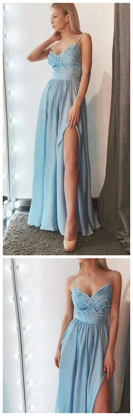 A Line V Neck Spaghetti Strap Blue Lae Prom Dresses With Side Slit , Lace Blue V Neck Long Formal Evening Graduation Dresses