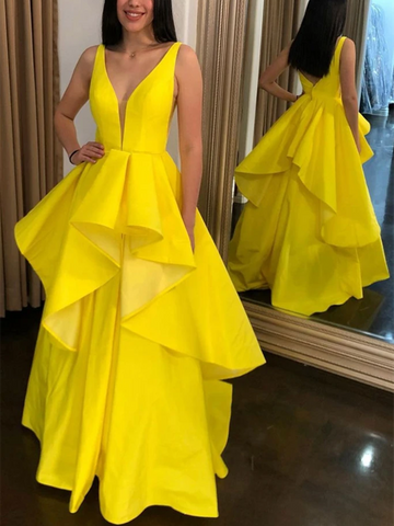 V Neck Layered Yellow Satin Long Prom Dresses, High Low Yellow Formal Dresses, Yellow Evening Dresses