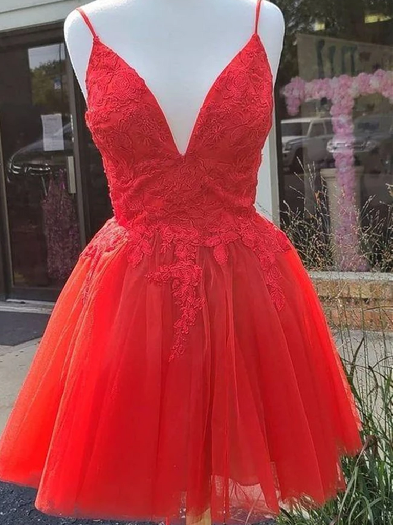 A Line V Neck Red Lace Short Prom Dresses, Red Lace Homecoming Dresses morievent A Line V Neck Red Lace Short Prom Dresses, Red Lace Homecoming Dresses morievent
