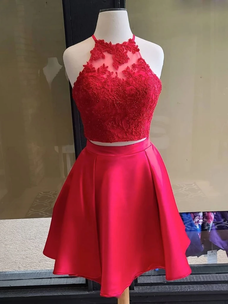 Halter Neck Red Lace 2 Pieces Short Prom Dresses, Two Pieces Short Red Lace Homecoming Graduation Dresses