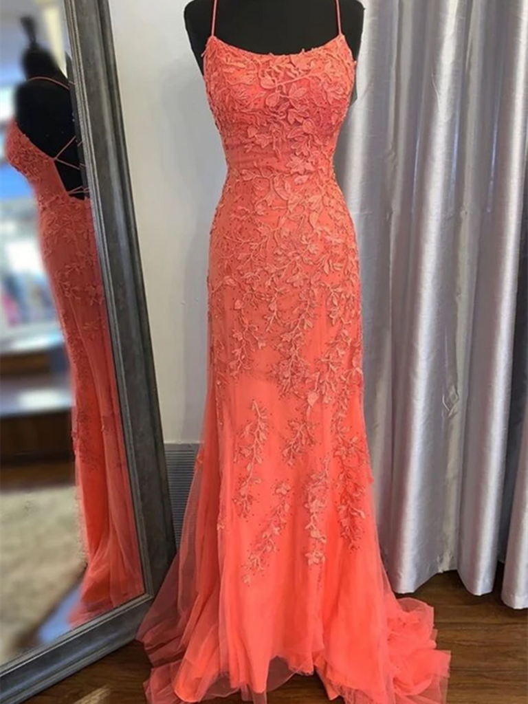 Fitted Criss Cross Back Prom Dresses, Mermaid Backless Orange Lace Lon morievent Fitted Criss Cross Back Prom Dresses, Mermaid Backless Orange Lace Lon morievent