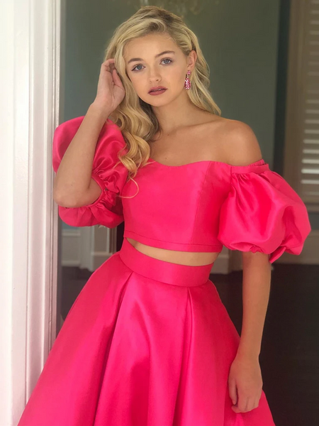 Off Shoulder Two Pieces Hot Pink Long Prom Dresses, Off The Shoulder Hot Pink Formal Dresses, Hot Pink Evening Dresses