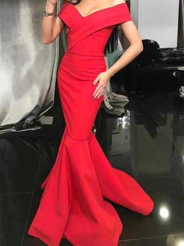 Red Mermaid Off Shoulder Prom Dresses, Red Mermaid Off The Shoulder Formal Evening Dresses
