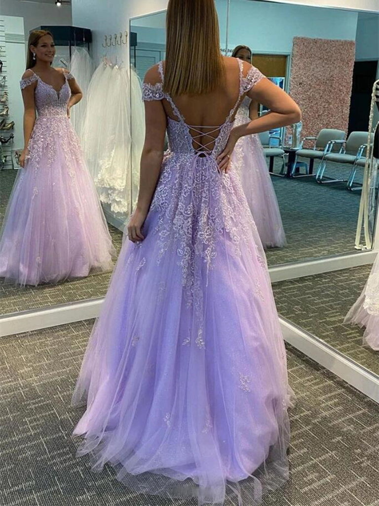 Off Shoulder Purple Backless Lace Tulle Long Prom Dresses, Off The Shoulder Purple Backless Lace Tulle Long