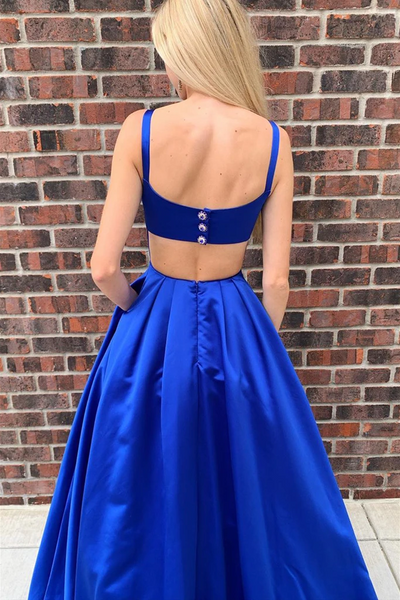 Simple A Line Open Back Royal Blue /Red Satin Long Prom Dresses with Pockets, Open Back Long Royal Blue/Red Formal Evening Dresses