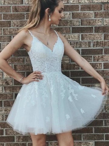 V Neck White Lace Short Prom Dresses, V Neck White Lace Short Formal Evening Dresses