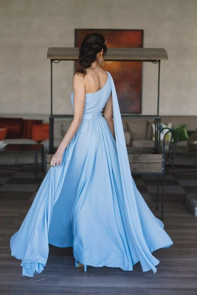 Blue One Shoulder Prom Chiffon Long Prom Dresses, Blue One Shoulder Prom Chiffon Long  Formal Evening Dresses