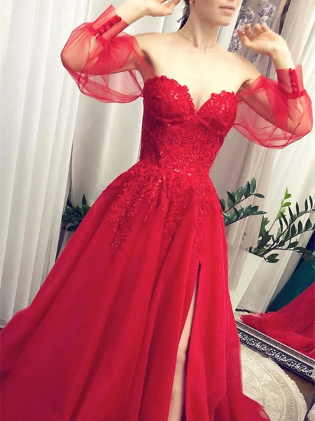 Lace Red Tulle Long Sleeves Prom Dresses, Lace Red Tulle Long Sleeves Formal Evening Dresses