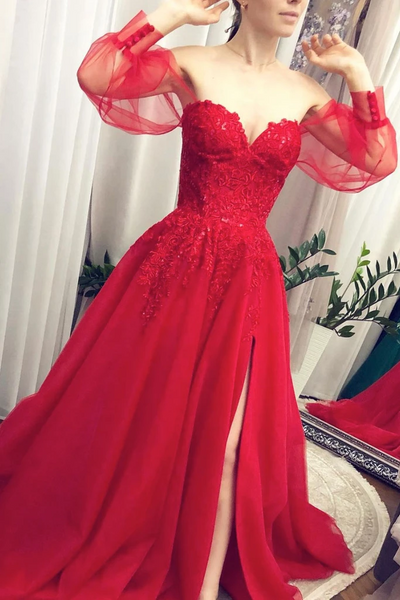 Lace Red Tulle Long Sleeves Prom Dresses, Lace Red Tulle Long Sleeves Formal Evening Dresses