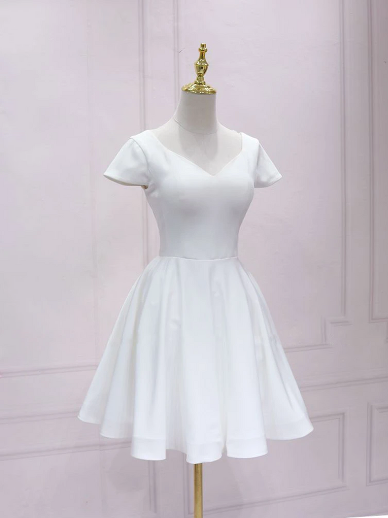 V Neck White Satin Lace Short Prom Dresses, V Neck White Satin Lace Sh morievent V Neck White Satin Lace Short Prom Dresses, V Neck White Satin Lace Sh morievent