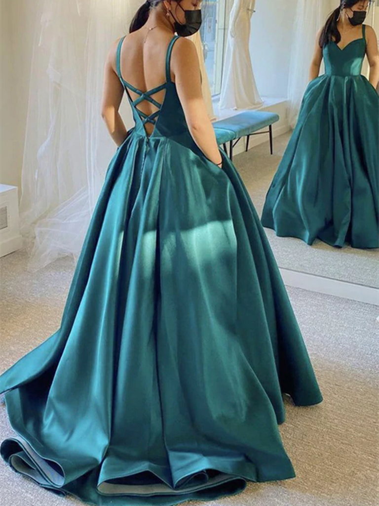 Simple A Line V Neck Emerald Green Satin Long Prom Dresses Long Green Formal Evening Dresses