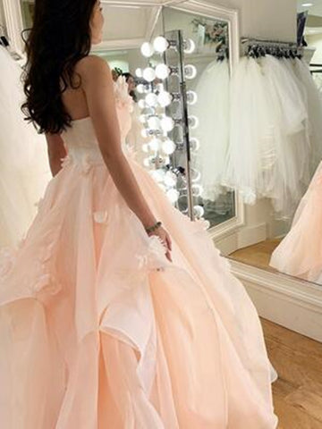 Pink Tulle Lace Floral Long Prom Dresses, Pink Tulle Lace Floral Long Formal Evening Dresses