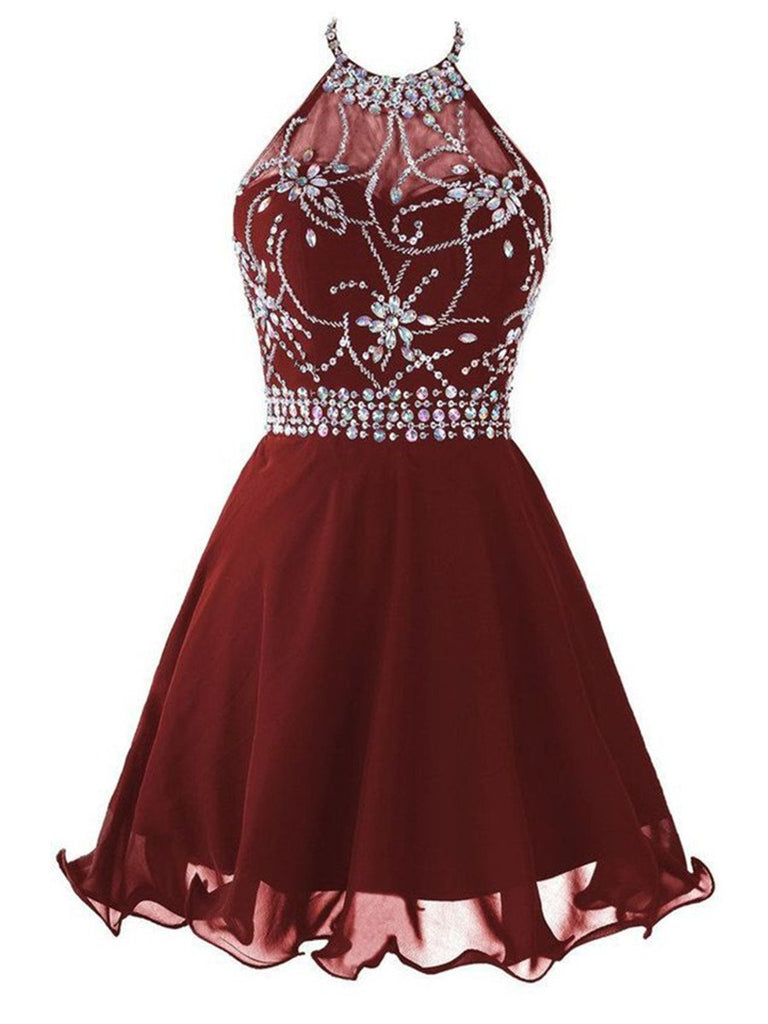 A Line Halter Neck Short Backless Burgundy Prom Dress, Backless Burgundy Homecoming Dress, Formal Dress, Graduation Dress A Line Halter Neck Short Backless Burgundy Prom Dress, Backless Burgundy Homecoming Dress, Formal Dress, Graduation Dress