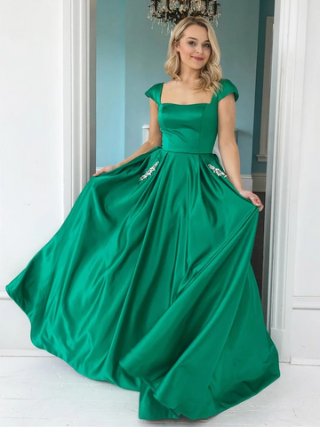 Cap Sleeves Green Satin Long Prom Dresses with Pockets, Green Cap Sleeves Long Satin Formal Graduation Evening Dresses