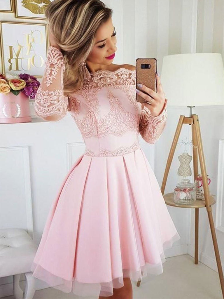 Cute Pink Tulle Lace Short Prom Dress, Pink Tulle Lace Long Sleeves Short Homecoming Dress