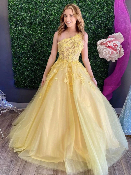 One Shoulder Yellow Lace Floral Long Prom Dresses, Yellow Long Lace Formal Evening Graduation Dresses