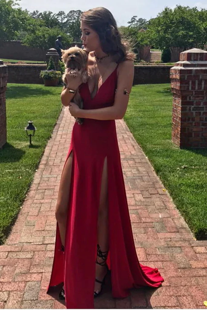 red dress with v neck Simple V Neck Red Long Prom Dresses with Double Slit, V Neck Red Forma – morievent
