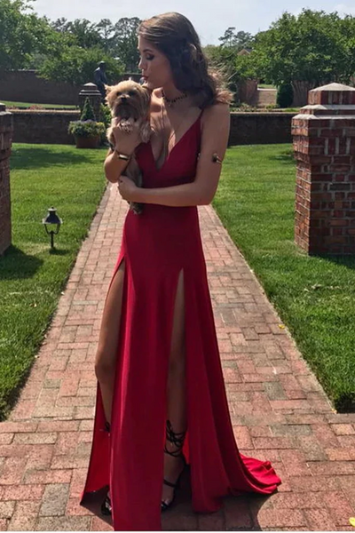 Simple V Neck Red Long Prom Dresses with Double Slit, V Neck Red Formal Graduation Evening Dresses