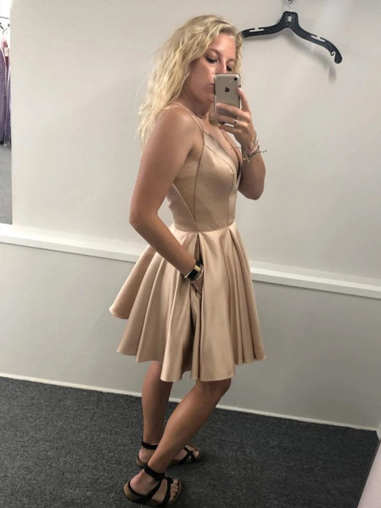 V Neck Champagne Satin Short Prom Dresses with Pocket, V Neck Champagn morievent V Neck Champagne Satin Short Prom Dresses with Pocket, V Neck Champagn morievent
