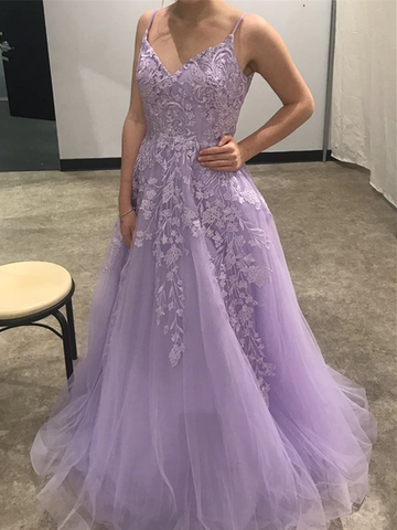 A Line V Neck Purple Tulle Lace Long Prom Dresses, V Neck Purple Formal Dresses, Purple Lace Floral Evening Dresses