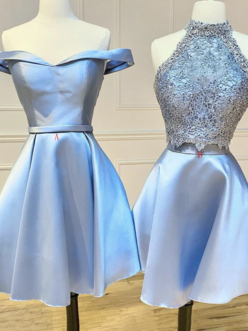 A Line Blue Satin Short Prom Dresses, A Line Blue Satin Short Formal Evening Homecoming Dresses