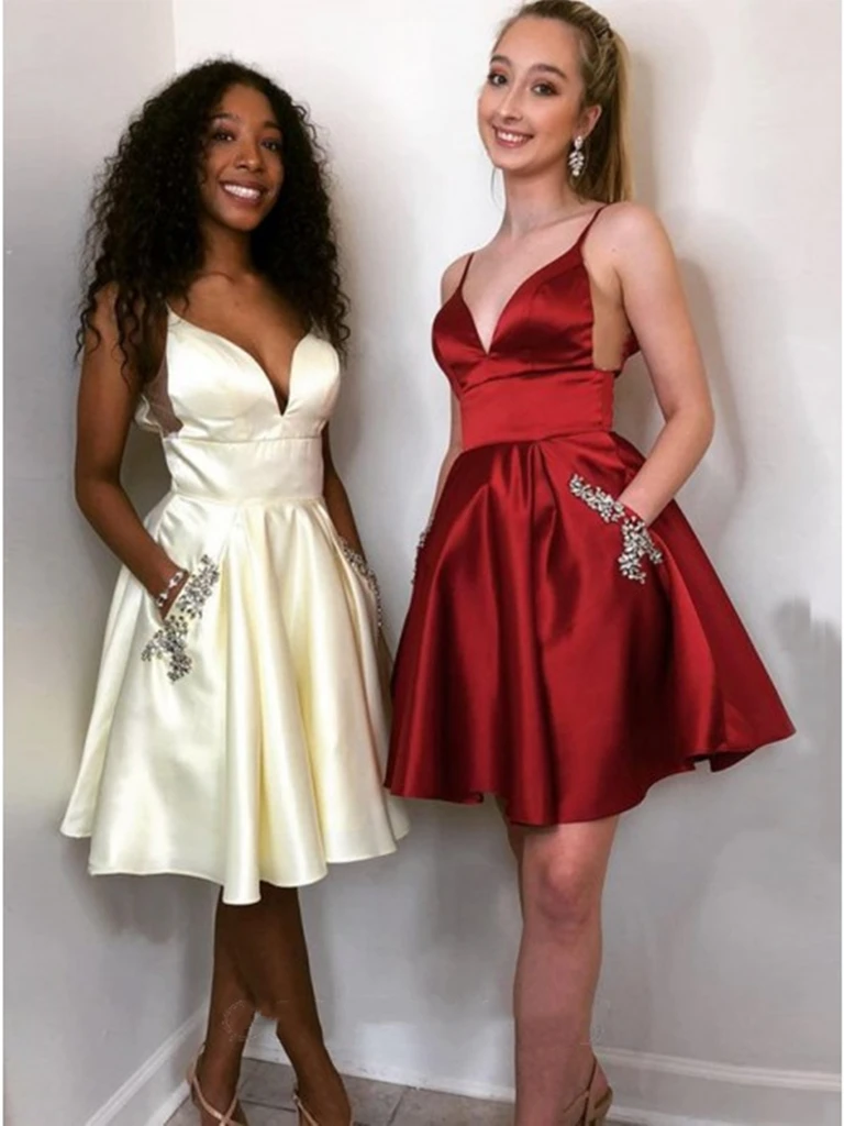 A Line V Neck Short Yellow Burgundy Prom Dresses With Pocket, Yellow B morievent A Line V Neck Short Yellow Burgundy Prom Dresses With Pocket, Yellow B morievent