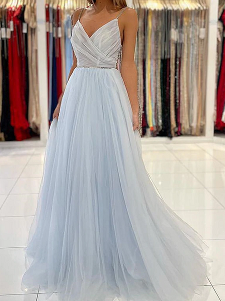 A Line V Neck Light Blue Tulle Long Prom Dresses, Backless Blue Tulle Long Formal Graduation Dresses