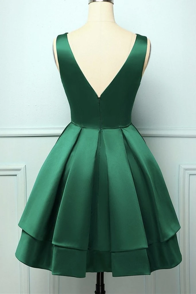 A Line V Neck Short Green Satin Prom Dresses, Short Green Satin Homeco morievent A Line V Neck Short Green Satin Prom Dresses, Short Green Satin Homeco morievent