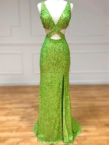 Green Sequins Long Prom Dresses，Mermaid Green Evening Dresses