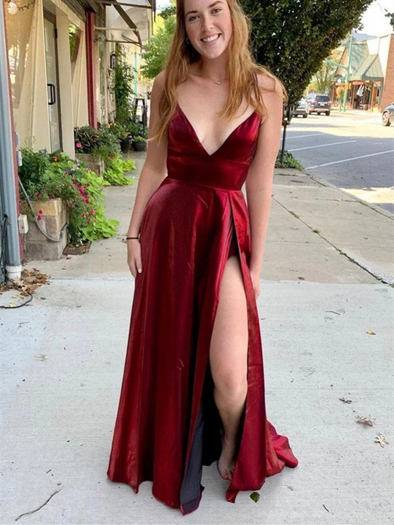 V Neck Backless Burgundy Satin Long Prom Dresses, Backless Burgundy Formal Graduation Evening Dresses V Neck Backless Burgundy Satin Long Prom Dresses, Backless Burgundy Formal Graduation Evening Dresses