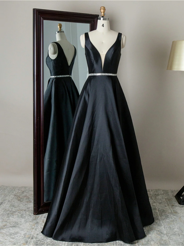 Simple V Neck Black Satin Long Prom Dresses with Belt, V Neck Black Formal Graduation Evening Dresses