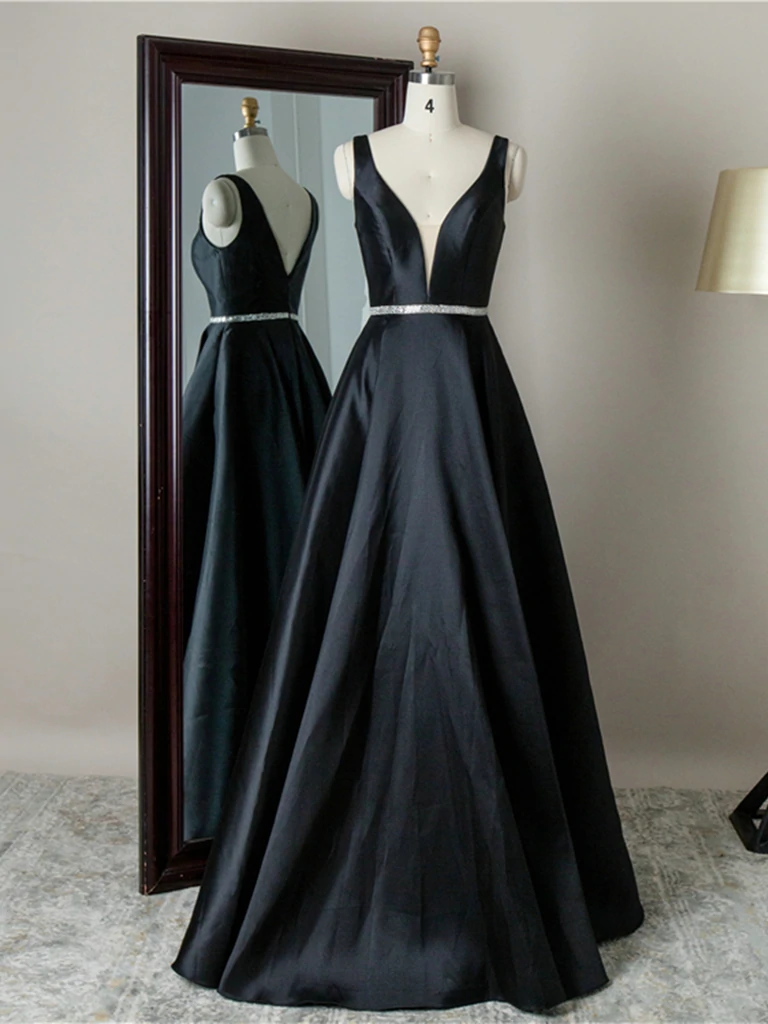 Simple V Neck Black Satin Long Prom Dresses with Belt, V Neck Black Fo morievent Simple V Neck Black Satin Long Prom Dresses with Belt, V Neck Black Fo morievent