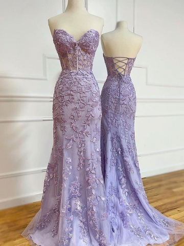 Sweetheart Neck Mermaid Purple Lace Long Prom Dresses, Purple Lace Formal Dresses, Mermaid Purple Evening Dresses