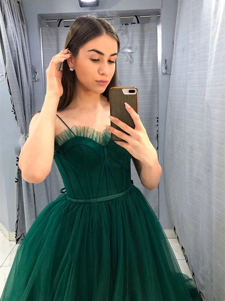 A Line Green Tulle Long Prom Dresses,Green Tulle Long Party Evening Dresses