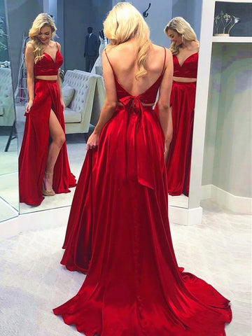 V Neck Red 2 Pieces Prom Dresses With Leg Slit, Two Pieces Red Long Formal Evening Dresses