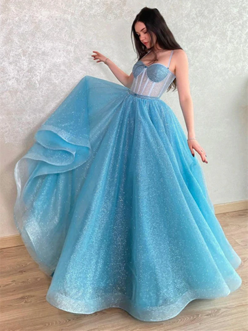 A Line Blue Tulle Long Prom Dresses, Sweetheart Neck Blue Long Formal Evening Dresses