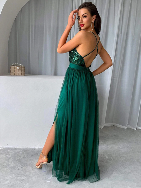 V Neck Backless Green Long Prom Dresses with Sequins Top, Backless Green Sequins Top Formal Graduation Evening Dresses