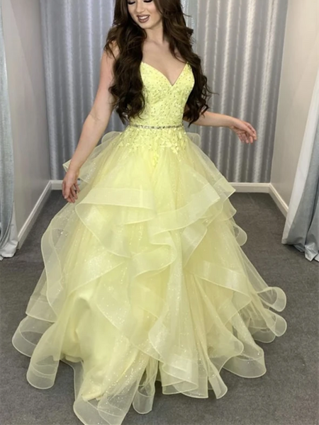 V Neck Yellow Tulle Lace Long Prom Dresses, V Neck Yellow Tulle Lace Long Formal Evening Dresses