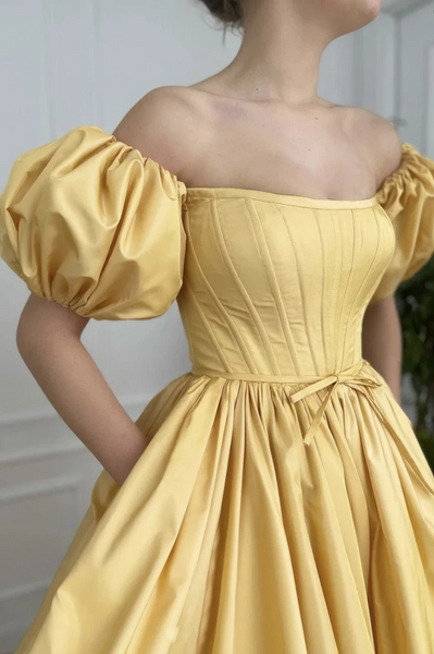 A Line Yellow Satin Long Prom Dresses, A Line Yellow Satin Long Formal Evening Dresses